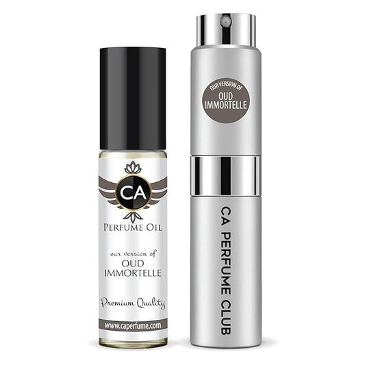 CA Perfume Duo Impression of Oud Immortelle For Women And Men Perfume Layering Set Long Lasting Travel Size EDP + Body Oil Roll-On Bottle 0.27 Fl Oz+0.33 Fl Oz