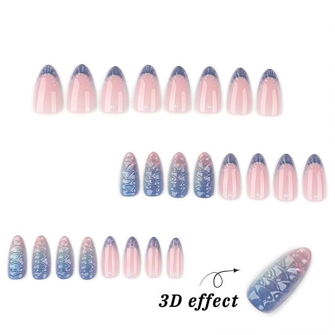 Summer Press on Nails Medium Almond Fake Nails with Chrome 3D Fish Designs Cat Eye Glue on Nails Blue French Tip False Nails Press ons Ocean Acrylic Nail for Women Manicure