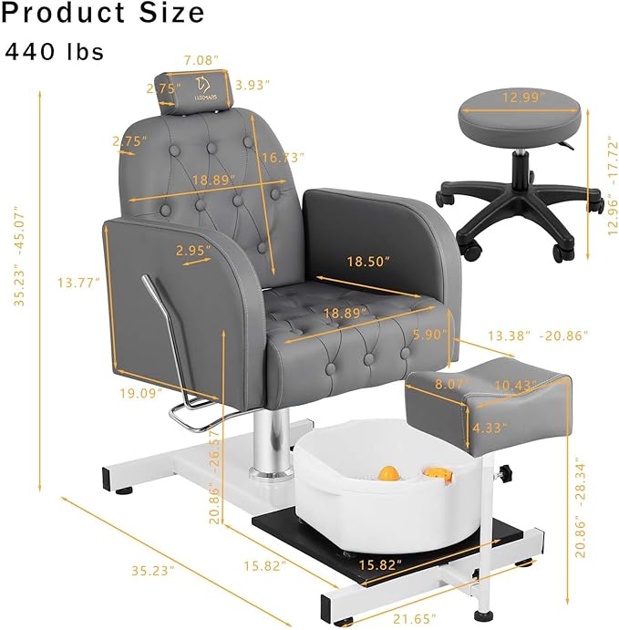 Reclining Pedicure Chair with Foot Massage Basin & Stool, Hydraulic Adjustable Pedicure Chair Station, 360° Rotation Beauty Spa Salon Unit Station Gray