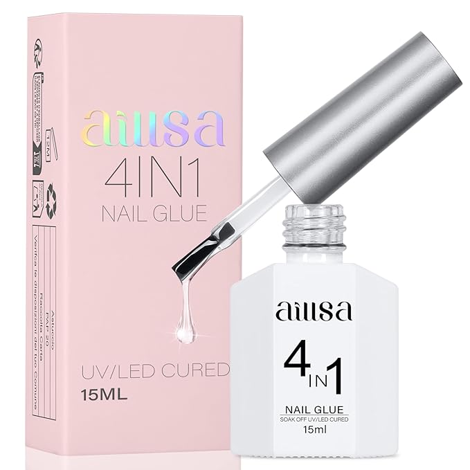 AILLSA Gel Nail Glue for Acrylic Nails, 4 in 1 Super Strong Nails Gel Glue for Fake Nail Tips,15ML High Capacity Long Lasting Brush On Nail Glues for Rhinestone Pearl Foil, (U V Lamp Curing Needed)