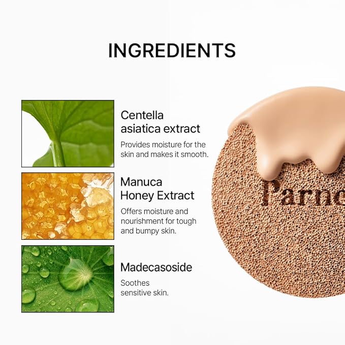 Parnell Cicamanu Serum Cushion - Moisturizing Foundation for Soothing, Coverage, Glass Skin and Lightweight for Sensitive and Dry Skin Pearl Skin (0.52 Fl Oz) (34N)