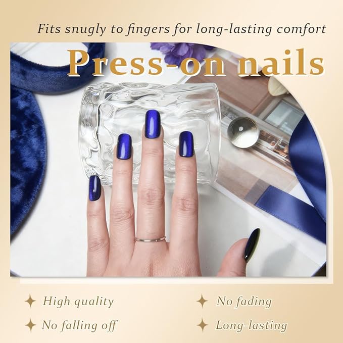 Royal Blue Cat Eye Press on Nails Medium Square, Medium Square Press Glue on Nails Chrome for Women Gift, Blue Holographic Glitter Glossy Reusable Soft Gel Acrylic Fake Nail with Designs Cateye Effect