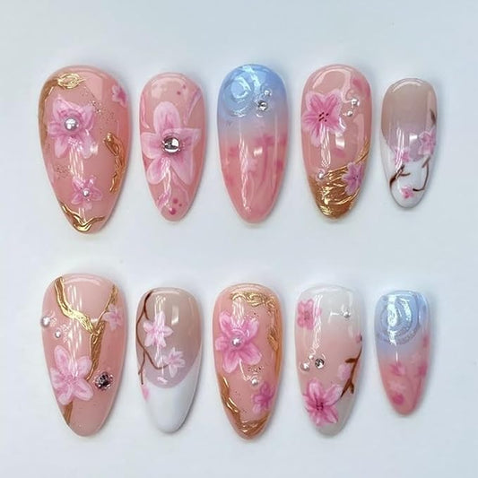 30Pcs Pink Almond Press On Nails with 3D Pearl Rhinestones, ABS Acrylic Material, Full Cover Nail, Modern Style, Multicolor Pattern, Glossy Finish, 1 Set of 30 Pieces