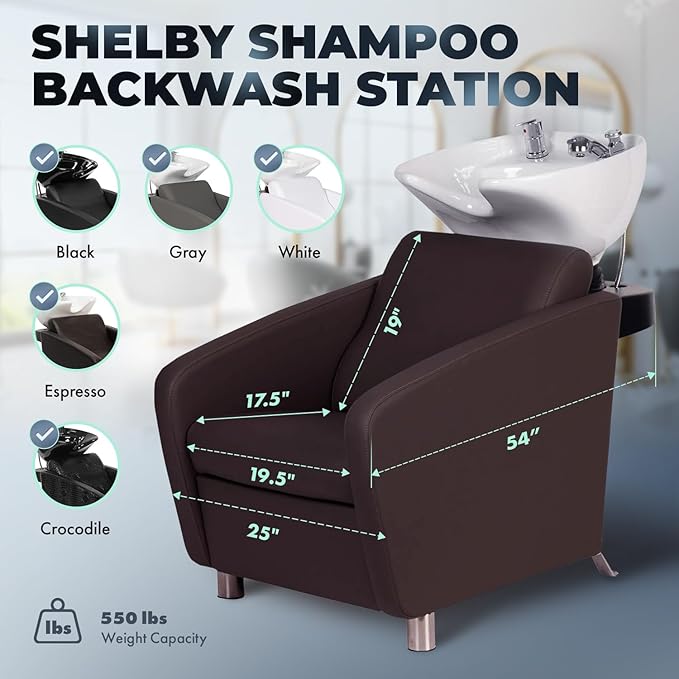 Buy-Rite Shelby Backwash Unit – Professional Salon Shampoo Chair with Tilting Porcelain Bowl, Dual Nozzle, Vacuum Breaker, Wide Padded Seat, Lumbar Support & European Design – Espresso, YLG-556-ESP