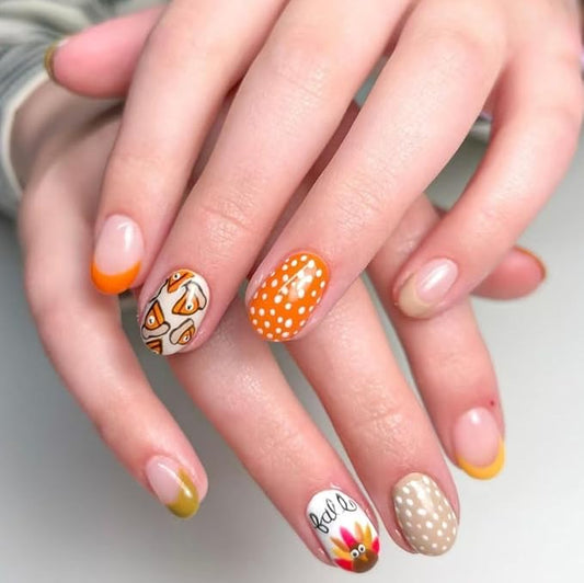 Thanksgiving Short Square Press on Nails Fall Theme Fake Nails Colorful Cartoon Polka Dot Stick on Nail