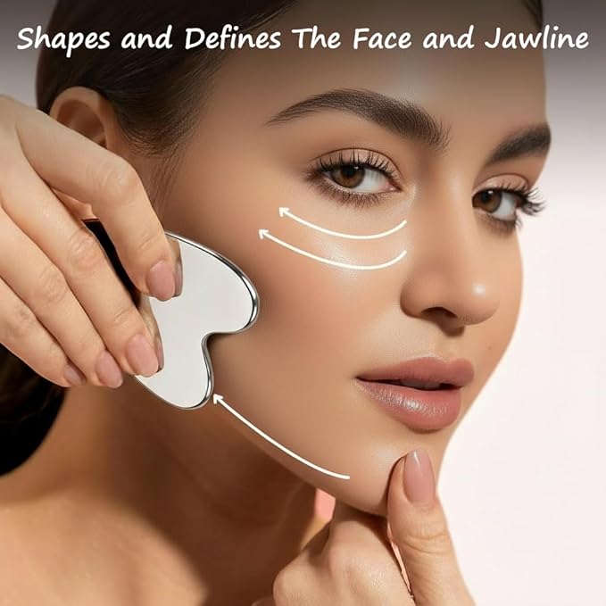 Stainless Steel Gua Sha Facial Tool with Big Size – Lymphatic Drainage Massager, Jawline Sculpting, & Skin Care | Metal Gua Sha Scraper for Eye & Facial Relaxation | Includes Travel Pouch