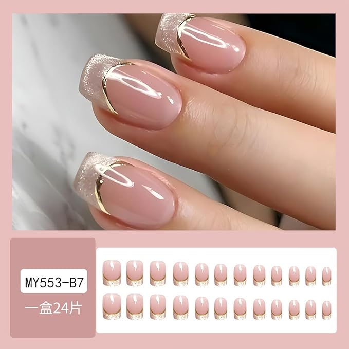 24Pcs French Tip Press on Nails Short Square Fake Nails with Silver Glitter Gold Line Design Nude Full Cover Artificial Glue on Nails Cute False Nails Stick on Nails Spring Artificial Nails for Women