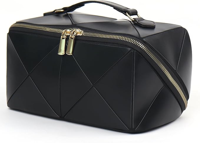 IMCUZUR Travel Makeup Bag Large Cosmetic Bag for Women, Open Flat Make up Bag Portable Skincare Bag with Handle (Black)