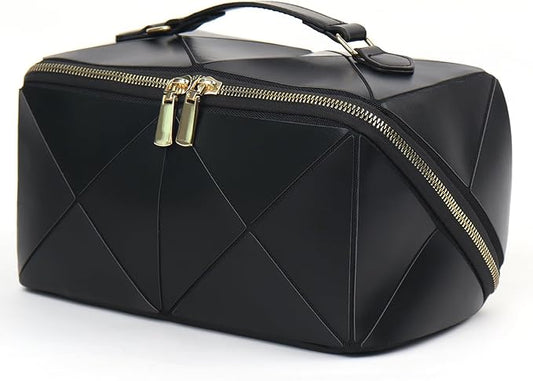 IMCUZUR Travel Makeup Bag Large Cosmetic Bag for Women, Open Flat Make up Bag Portable Skincare Bag with Handle (Black)