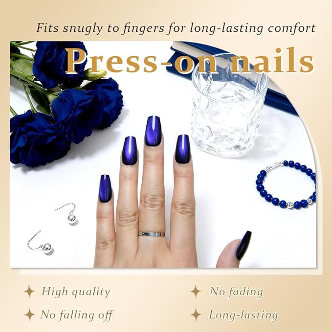 evpct Royal Blue Cat Eye Coffin Press on Nails Square Medium, Medium Square Glue on Nail for Women Gift, Royal Blue Metallic Glitter Glossy Reusable Soft Gel Press on Acrylic Fake Nails with Designs