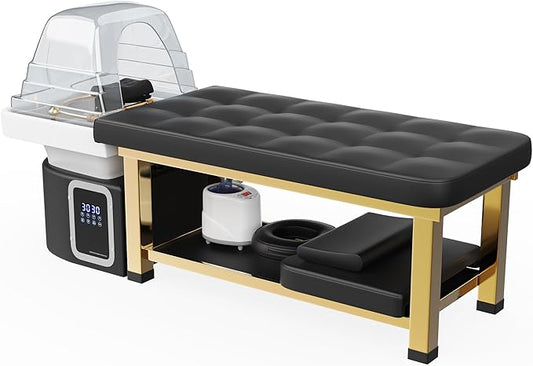Head Spa Stationary Massage Table, Stainless Steel Gold Color-Plated Frame, Black PU Leather with Water Cycle & Fumigation Salon Equipment for Beauty Head Spa Physical Therapy Massage