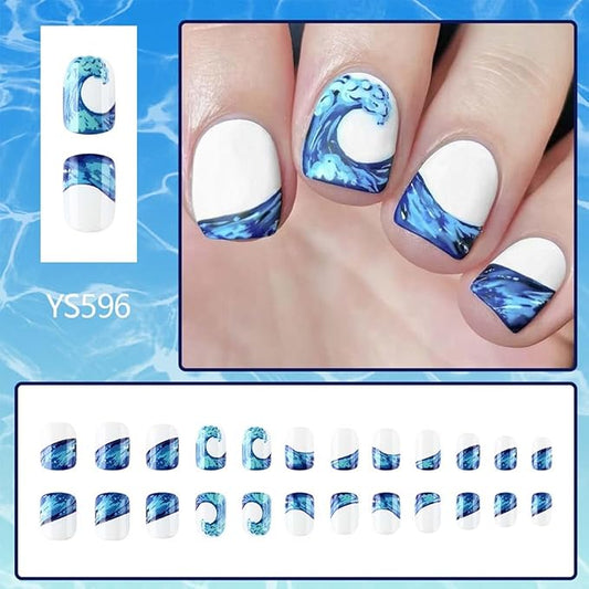 Square Press On Nails Short Fake Nails Summer False Nails With Sea Design Full Cover Acrylic Artificial Nails Glossy Glue On Nails Stick On Nails For Women Manicure 24pcs
