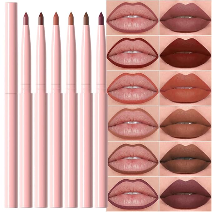 Kaely 6Pcs Retractable Lip Liner Pencils Set for Shaping & Sculpting Lips, Mauve Maroon Dark Red Orange Nude Chocolate Brown Plum Creamy Matte Velvet Pigmented Rich Lip Colors Liner Crayon Lipstick