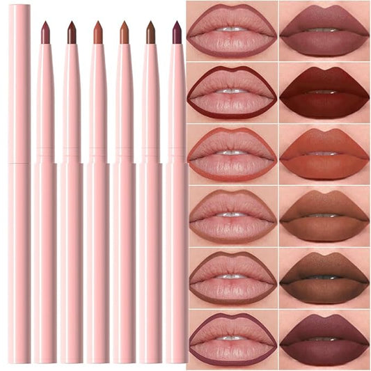 Kaely 6Pcs Retractable Lip Liner Pencils Set for Shaping & Sculpting Lips, Mauve Maroon Dark Red Orange Nude Chocolate Brown Plum Creamy Matte Velvet Pigmented Rich Lip Colors Liner Crayon Lipstick