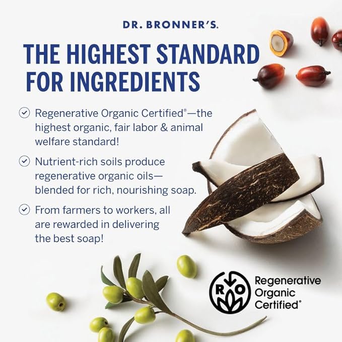 Dr. Bronner’s Pure-Castile Liquid Soap Bottle & Refill Carton - Made with Regenerative Organic Certified Oils, 82% Less Plastic-18-in-1 Uses for Face, Body Wash, Hand Soap Refill- Baby Unscented,32 oz