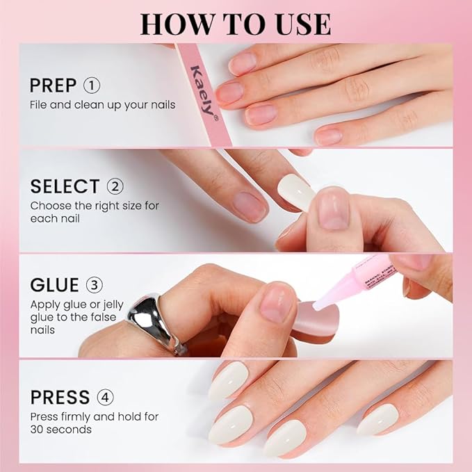 evpct Glossy Press on Nails Short Almond Short for Women, Grey White Fake Nail with Glue Salon Quality Reusable Stick on Nails In 15 Sizes 30Pcs Full Cover False Nail Soft Gel Set Kit for Gift, 13