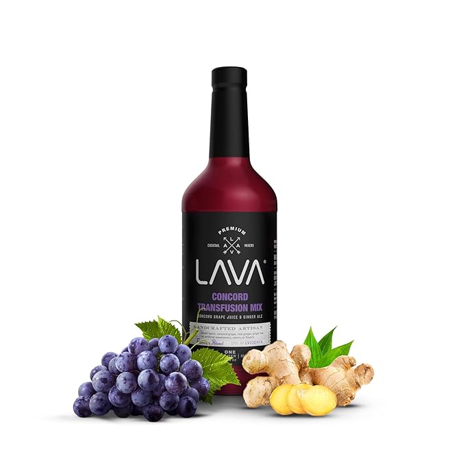 LAVA Premium Concord Transfusion Mix made with concord grape juice, real ginger, ginger ale, no artificial sweeteners, 1-Liter (33.8oz) Glass Bottle, Ready to Use