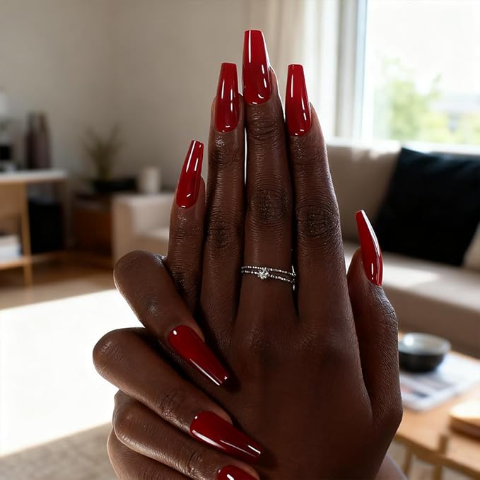 Glossy Red Press on Nails Long Coffin False Nails Faux Ongles Reusable Solid Color Nail Art Tips Salon DIY Manicure Acrylic Fake Nails Gifts for Women Girls