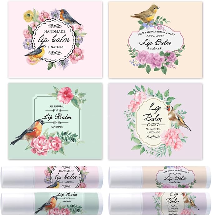 OLYCRAFT 100Pcs Self-Adhesive Lip Balm Tag Stickers 1.7x2.1 inch Waterproof Adhesive Label with Bird Patterns Rectangle Lipstick Tag Sticker for Lip Balm Container Tubes Lipstick Wrapping Decoration