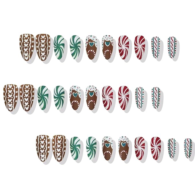 30Pcs Christmas Press on Nails Short Almond Fake Nails with Heart Candy Designs Red Green Spiral Patterns False Nail Full Cover Artificial Glue on Nails Colorful Stick on Nail for Women