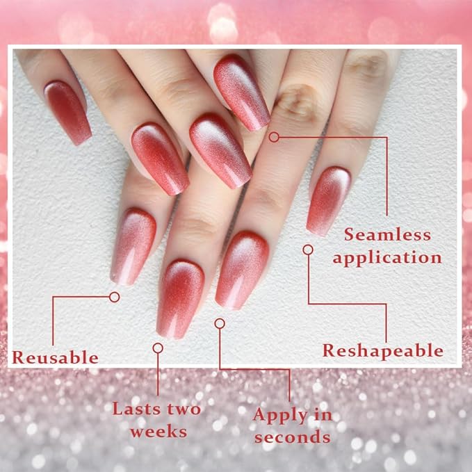 evpct Red Pink Cat Eye Coffin Press on Nails Square Medium, Medium Square Glue on Nail for Women Gift, Red Pink Metallic Glitter Glossy Reusable Summer Soft Gel Press on Acrylic Fake Nail with Designs