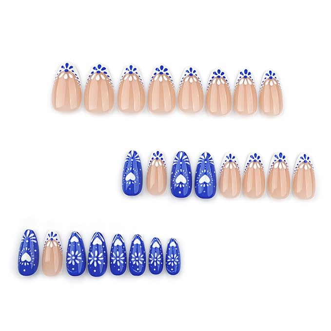 Blue French Tips Press On Nails Short Almond, Flower Heart Sticke On Nails, Designer Reusable Acrylic Nails Press Ons, Fake Nails With Glue On Nails, Daily Wea False Nails For Women