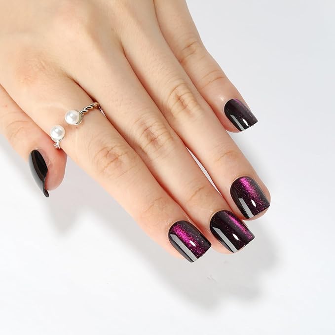 Purple Press On Nails Short Square, Purple to Black Gradient Cat Eye Press on Nails with Glue for Women Ashionable Gel False Nails Reusable Acrylic False Nails Women's Glitter Nails Glue On Nails Kit