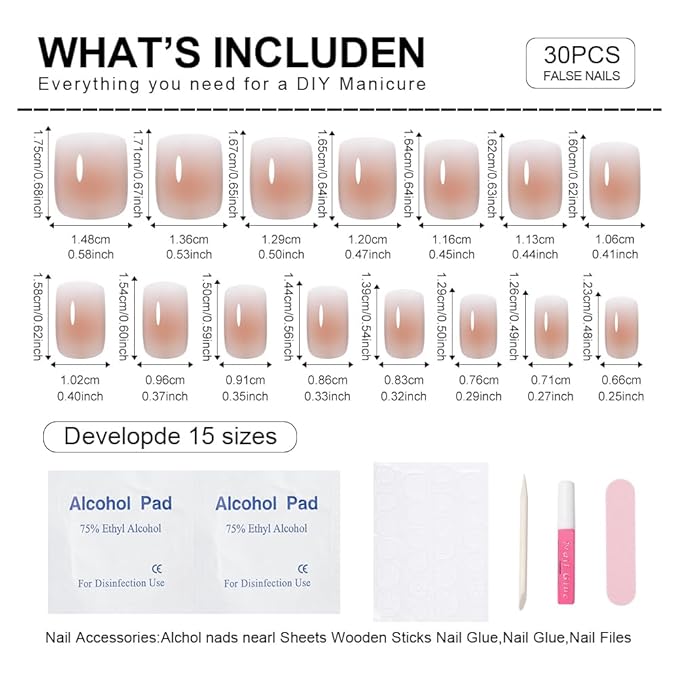 Press On Nail, French Tip Chrome Acrylic Press On Nails Short Square, Designer Reusable Glazed Fake Nails, Glossy Soft Gel Nails Wedding and Party, Stick On Glue On Nails Press Ons for Women