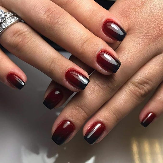 KQueenest Ombre French Press on Nails Short Square, Dark Red Black Fake Nails Short Coffin, Gradient Color Acrylic Nails Press Ons, Soft Gel Glue on Nails for Women Christmas Decoration in 30 Pcs