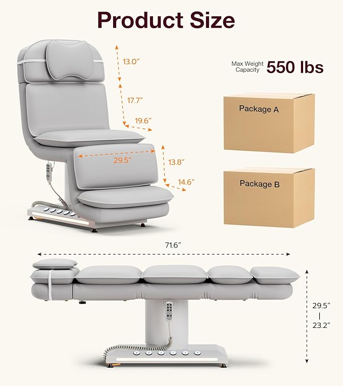 VARONXE Fully Electric Massage Table w/3 Motors, Professional Angle and Height Adjustable Spa Bed Facial Chair, Motorized Esthetician Bed Treatment Table for Beauty Salon, Grey