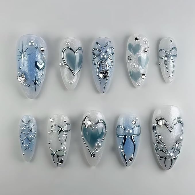 24Pcs Ombre Blue Press on Nails Medium Almond Fake Nails 3D Rhinestones Pearl with Star Heart Bling Designs Artificial Cute Silver Bow False Nails Glue on Nails for Women Girls Acrylic Manicure Tips