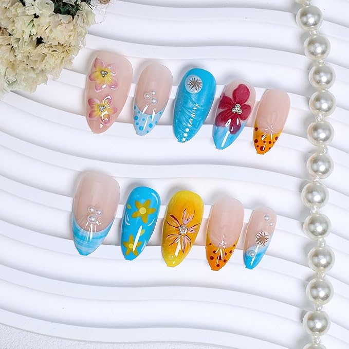 24Pcs Handmade Press on Nails Medium Almond French Tip Fake Nails with Pearl Designs 3D Flower False Nails Full Cover Artificial Glue on Nails Blue Pink Summer Acrylic Nails for Women DIY Nails Tips