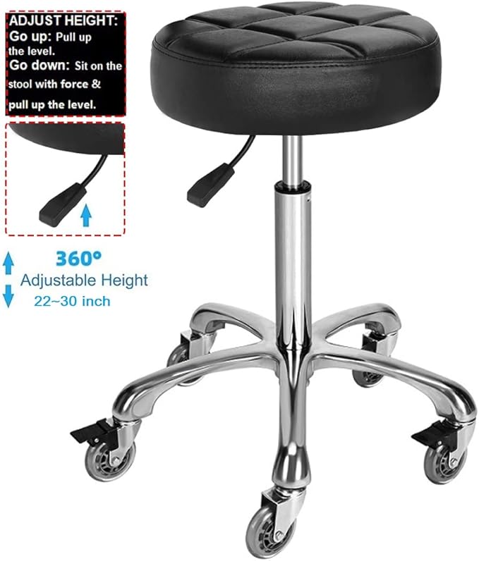 Adjustable Heavy Duty Stool - Rolling Stools with Locking Caster Wheels - Swivel Stools Backless Chair for Home Kitchen Office Shop Tattoo Lash Tech Pedicure(Black, Height 22 to 30 in)