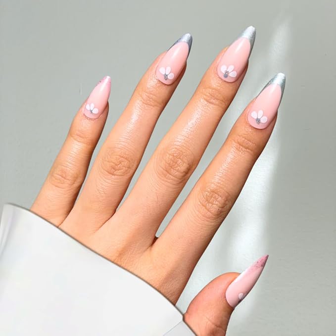 Perfect Look Press On Nails - Chrome French | No Glue One-Day Almond Nails, Floral Nails with Metallic Silver Tips - 24 Pcs Nail Kit with Adhesive Tabs