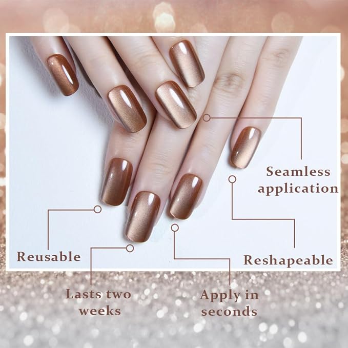 Nude Brown Cat Eye Press on Nails Medium Square, Medium Square Press Glue on Nails Chrome for Women Gift, Brown Holographic Glitter Glossy Reusable Soft Gel Acrylic Fake Nail with Design Cateye Effect