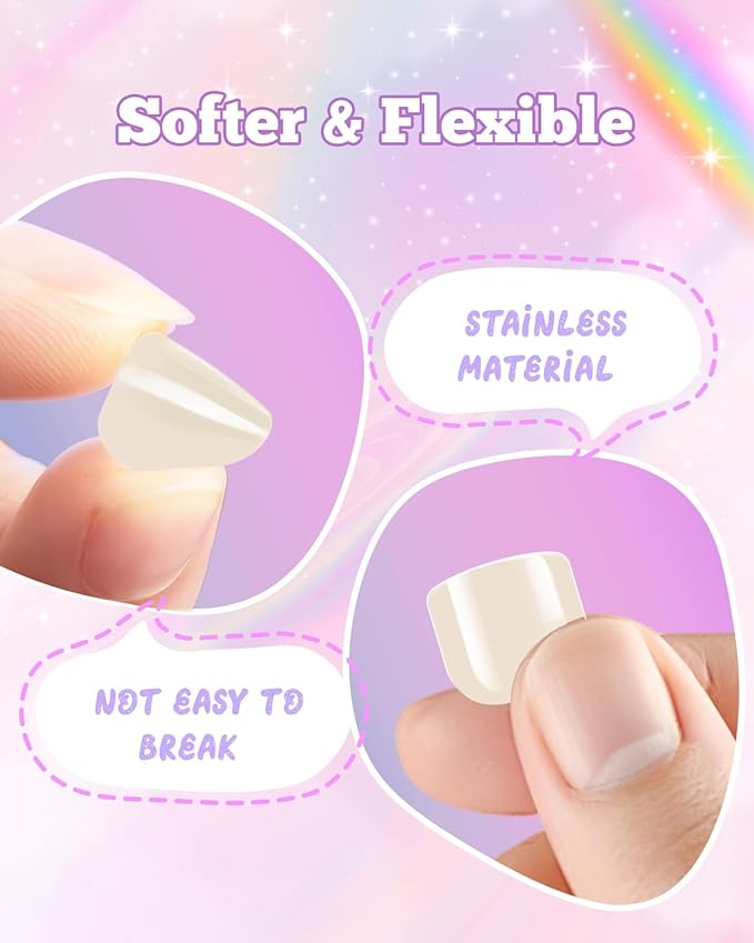 krofaue 240Pcs Kids Press on Nails with Handle - Short Fake Nails for Girls 12 Sizes Soft Gel Nail Tips for Safe & Fun DIY Nail Tips Art for Children 9-12(Nature)