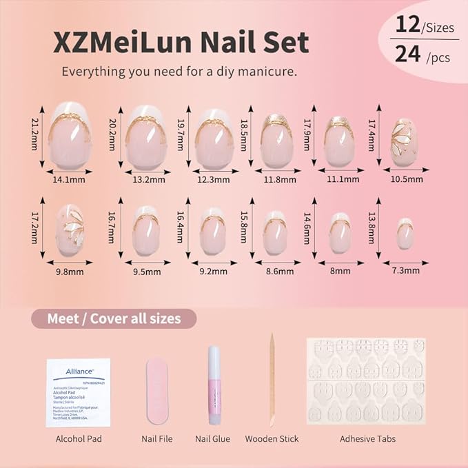 3D Gold Line French Tips Press On Nails Oval Short, White Flower French Tip Designer Reusable Acrylic Nails Press Ons, Fake Nails With Glue On Nail, Daily Wear Floral False Nails For Women