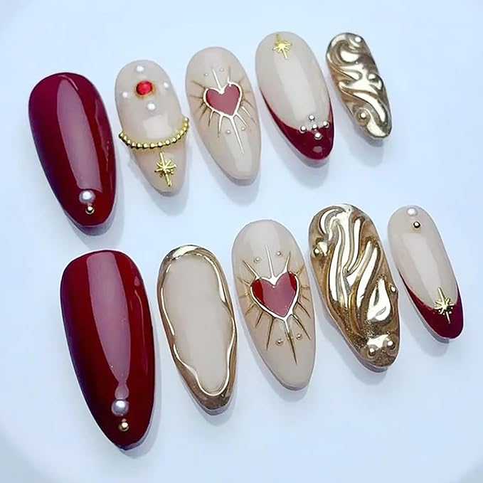 24Pcs Red French Tip Press on Nails Medium Almond Fake Nails with Pearl Star Rhinestones Charm Design 3D Gold Ripple False Nails Red Heart Glue on Nails Reusable Artificial Stick on Nails for Women