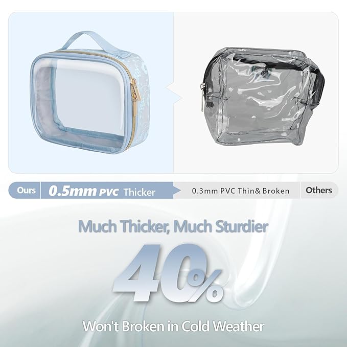 PACKISM Floral Texture Lace TSA Approved Toiletry Bag - 180° Large Opening Clear Makeup Bags in 2 Size, TSA Clear Toiletry Bag with Handle, 0.5 mm Thick Non-deformable No Smell, Blue