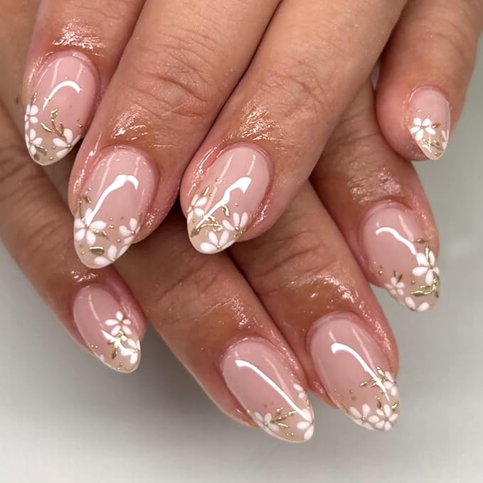 Short Press On Nails Almond, Nude Pink Fake Nails with White Floral & Gold Foil Detail, Glossy Gel Finish Acrylic Nails, Party Reusable Glue On Nails Kit for Women, 24Pcs