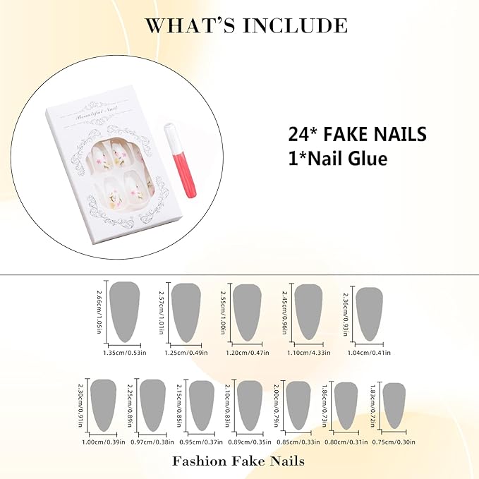 IMRAIN Spring Press on Nails Almond Medium Fake Nails with Cute Flower Designs Floral Artificial Nail Supplies Summer Glossy Glue on Nails Full Cover Stick on Nails for Women 24Pcs