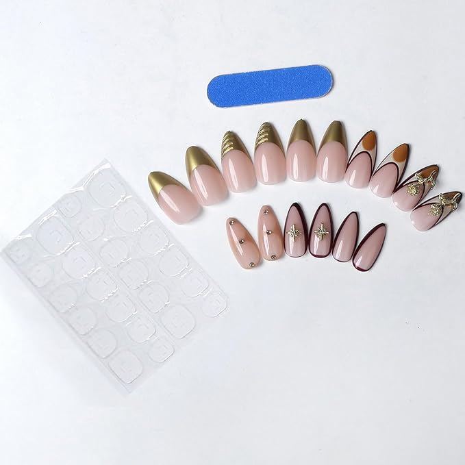 Gold Press on Nails Long Almond Fake Nails 3D Flower Rhinestones Red Edge Design French Tip False Nails Stars Stick on Nail Embossed Glossy Glue on Nail Art for Women DIY Manicure Tips