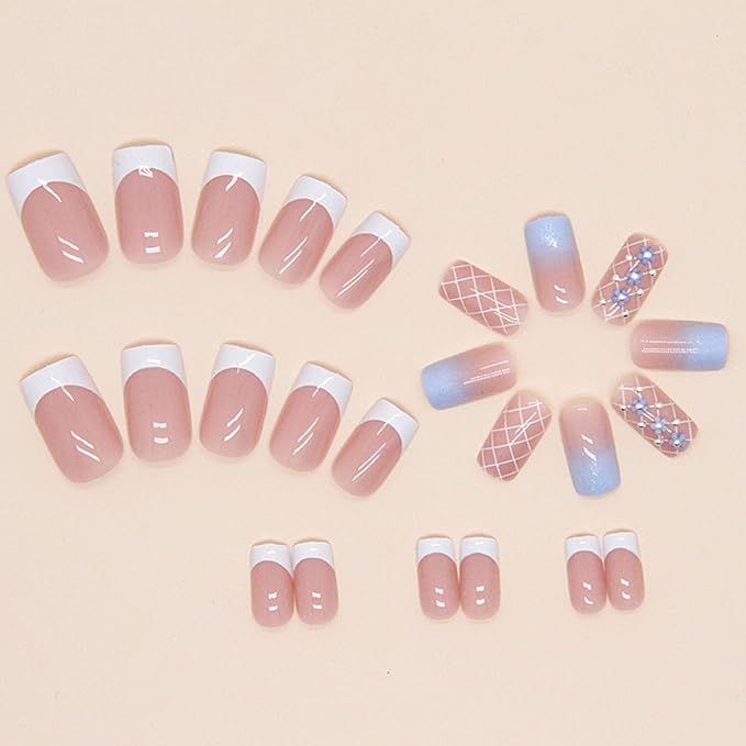 Spring Press on Nails Medium Square Fake Nails with 3D Flower Pearl Designs White French Tip Nails Press ons Glossy Glue on Nails Blue Gradient Acrylic Nails Nude Stick on Nails for Women 24Pcs