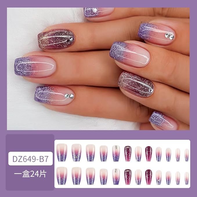 Medium Press on Nails Coffin Square Shape Fake Nails Purple Gradient Acrylic Glossy Glue on Nails with Glitter Designs French Tip Nails Short Stick on Nails Artificial Nails for Women Girls, 24Pcs