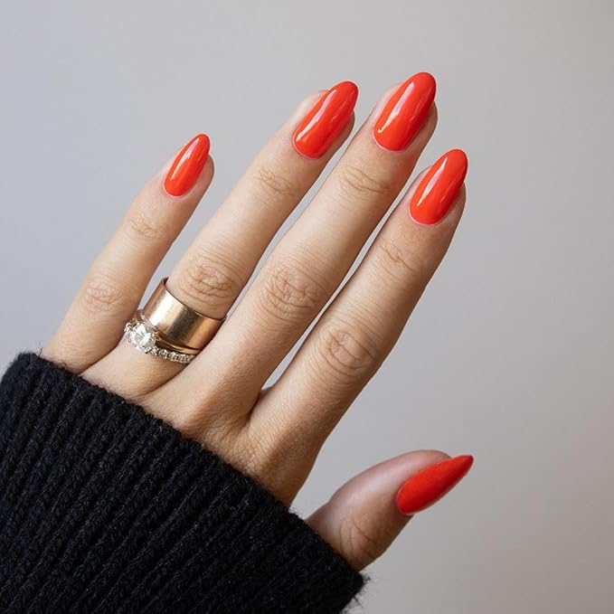 WOOYAS Press on Nails Almond,Bright Orange Medium Stiletto Glossy Handmade Gel False Nails,Reusable Salon Perfect Fake Nail Kit in 12 Sizes - 24 Pcs Soft Gel Glue On Nails Kit for Women