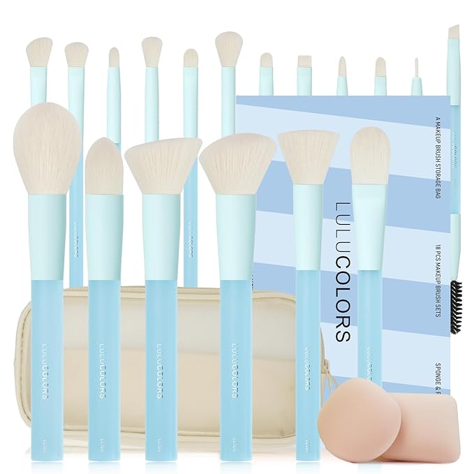 18-Piece Light Blue Professional Makeup Brush Set – Translucent Rubberized Handles, Soft Synthetic Bristles for Face & Eye Makeup – Includes Travel Bag & Sponges,Complete Brush Collection