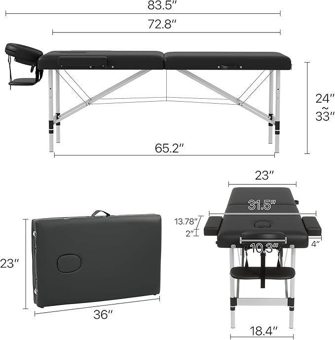 Massage Table Massage Bed, Portable 2 Section Foldable Tattoo Bed, Height Adjustable Lash Spa Bed with Face Cradle, Home Light Weight Facial Salon Bed with Aluminum Frame, Black