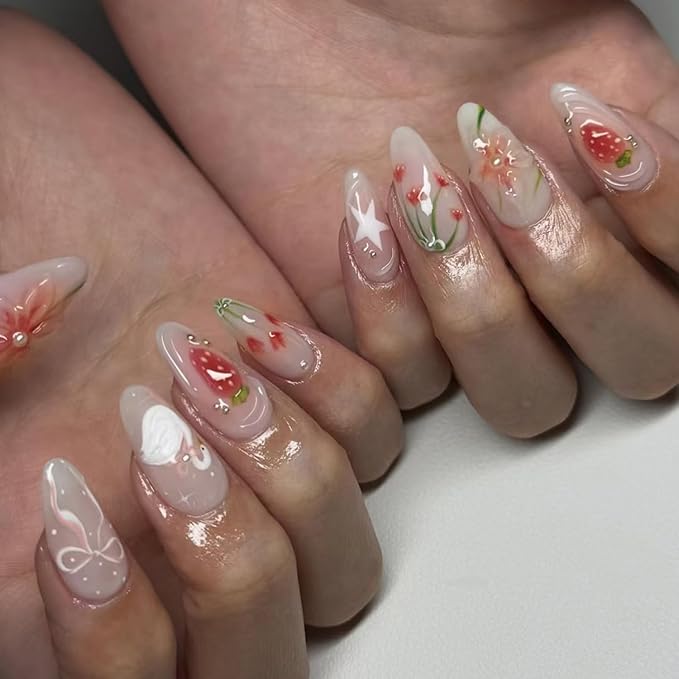 24Pcs Almond Press on Nails Medium Fake Nails with Strawberry Flower Designs Cute Swan Bow Glue on Nails 3D Flowers Acrylic Nail Pearl Charms Summer Floral Stick on Nails for Women
