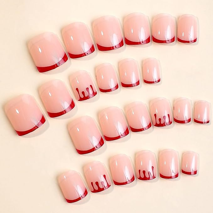 24 Pcs Halloween Press on Nails Short French Tips False Nails with Designs Cute Nude Pink Fake Nails Red Blood Nail Tips Acrylic Glue on Nails Square Full Cover Stick on Nails for Women Manicure Tips