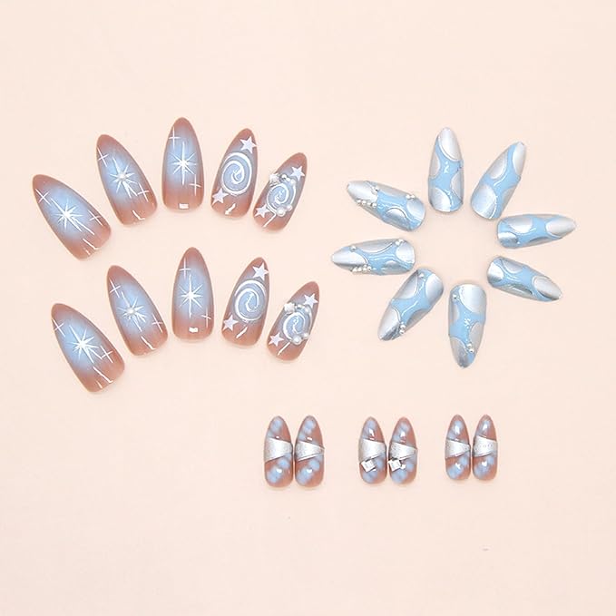 24Pcs Glitter Y2k Press on Nails Medium Almond Fake Nails Metallic Silver Star Irregular Lines Pearl Patterns French Press on False Nails Full Cover Glossy Acrylic Nails Stick on Goth Artificial Nail
